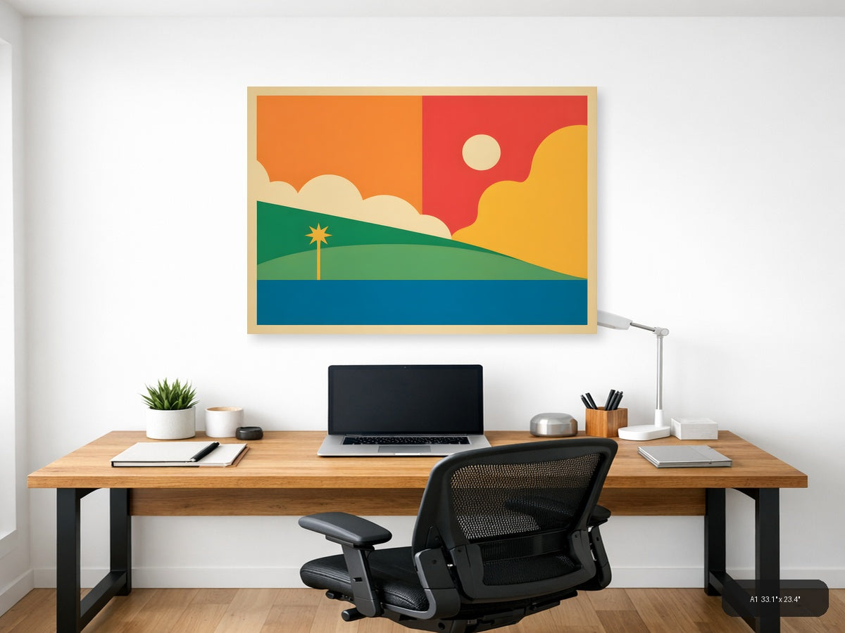Vintage Sunset Landscape with Palm Tree Wall Art — A1 / Office