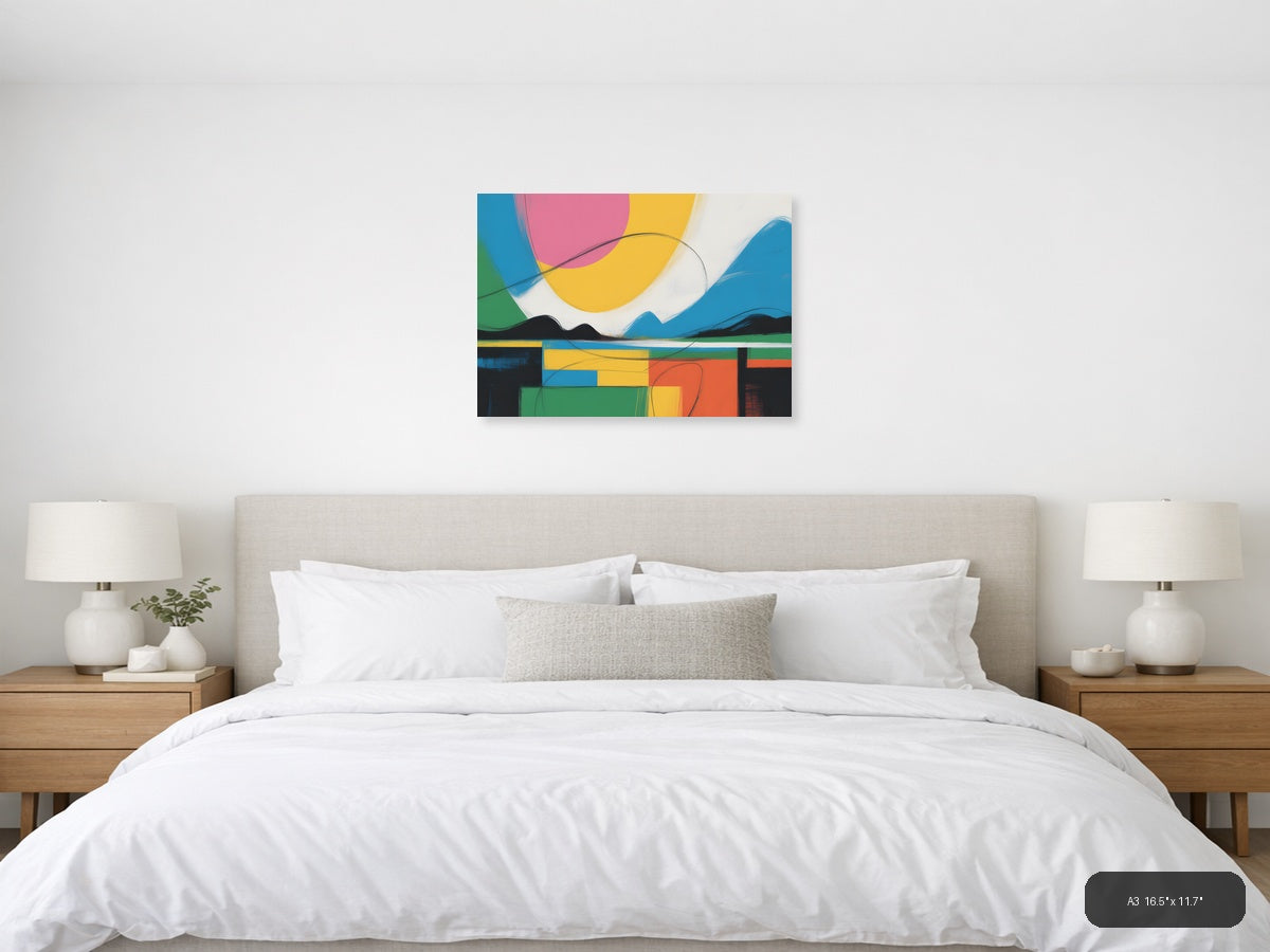 Colorful Abstract Landscape with Geometric Shapes Wall Art — A3 / Bedroom