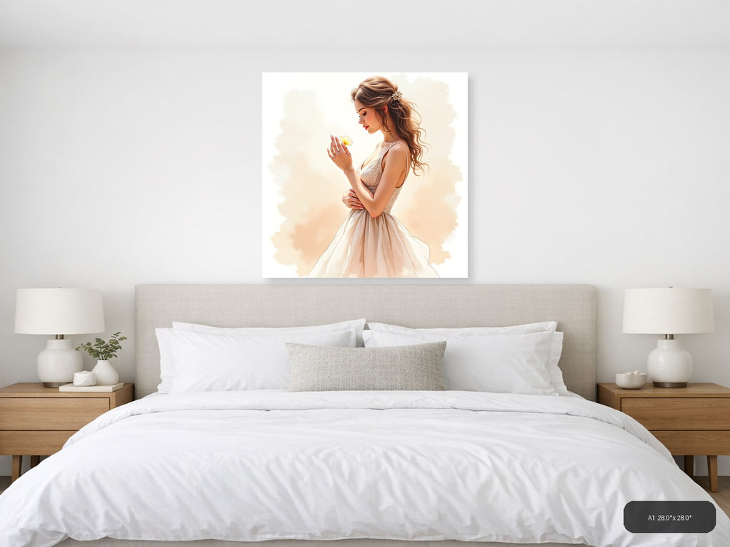 Woman with Yellow Flower Watercolor Portrait Wall Art — A1 / Bedroom