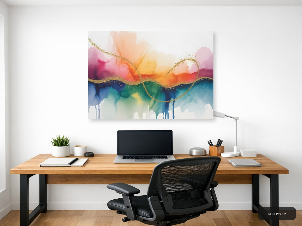 Rainbow Watercolor Landscape with Gold Wave Lines Wall Art — A1 / Office
