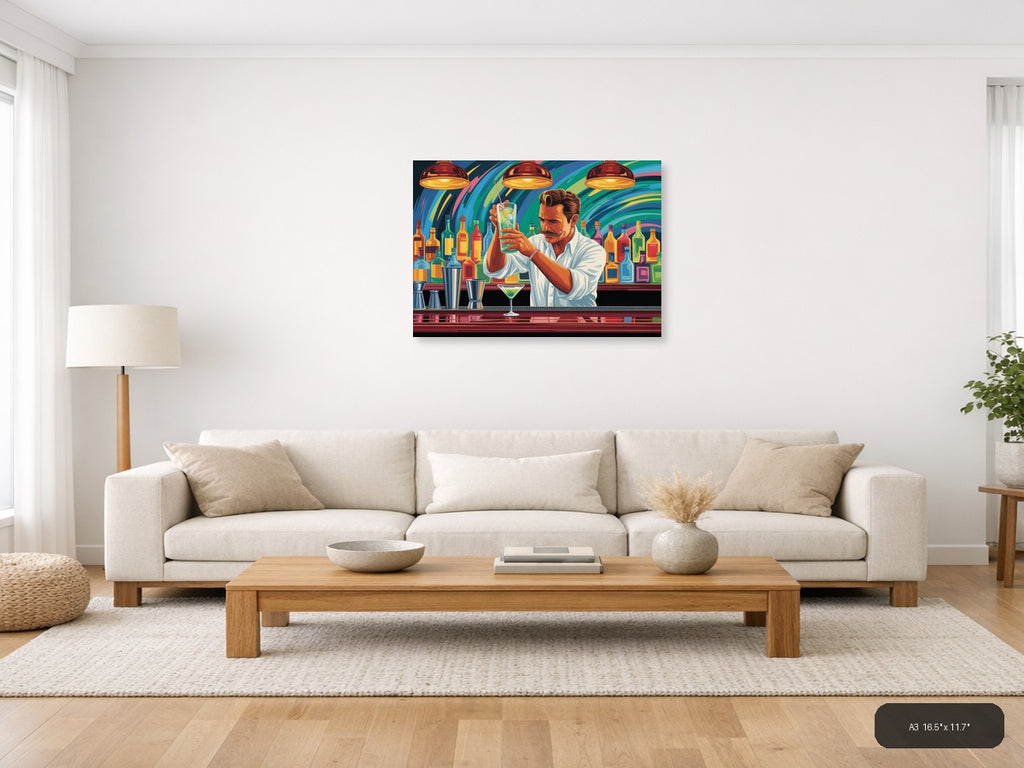 Vibrant Bartender Portrait Abstract Colorful Wall Art — A3 / Living Room
