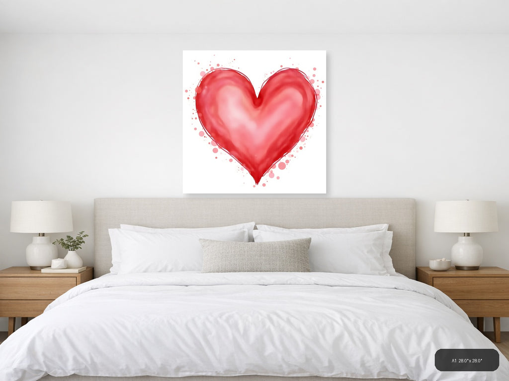 Red Watercolor Heart with Floating Particles Wall Art — A1 / Bedroom