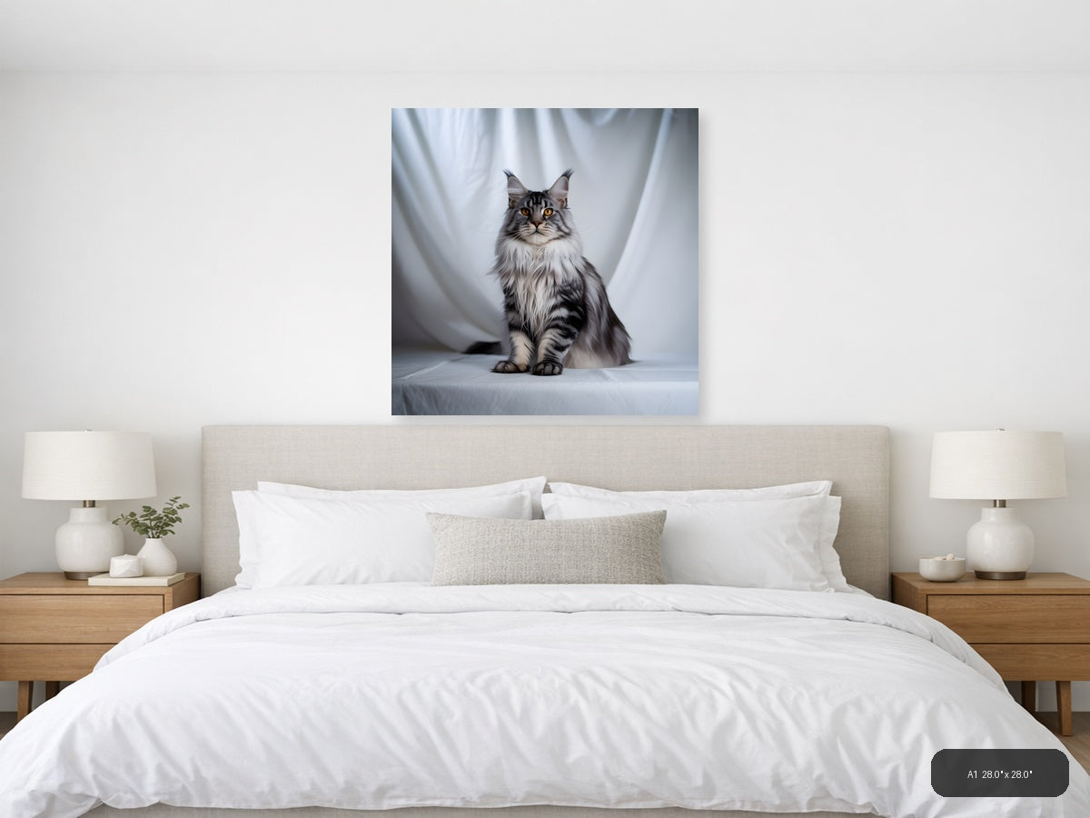 Gray Tabby Cat Portrait Minimalist Wall Art — A1 / Bedroom