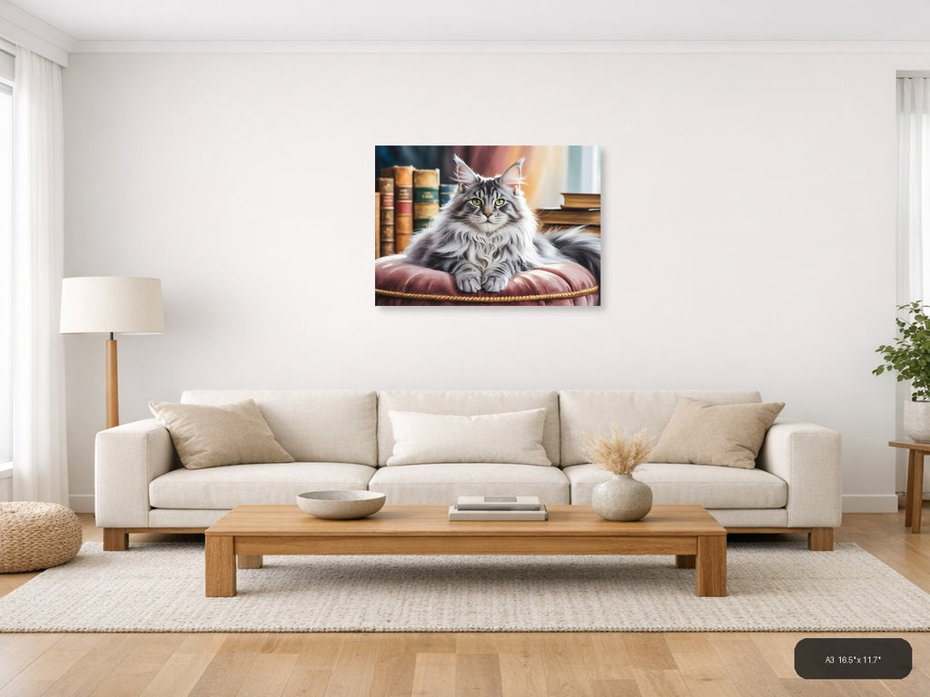 Majestic Long-Haired Cat Library Watercolor Wall Art — A3 / Living Room
