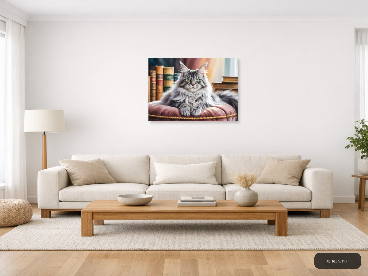 Majestic Long-Haired Cat Library Watercolor Wall Art — A3 / Living Room
