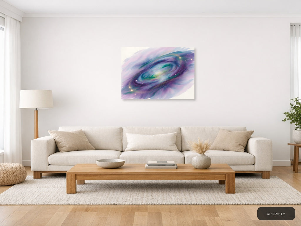 Cosmic Galaxy Watercolor Swirl Purple Green Wall Art — A3 / Living Room