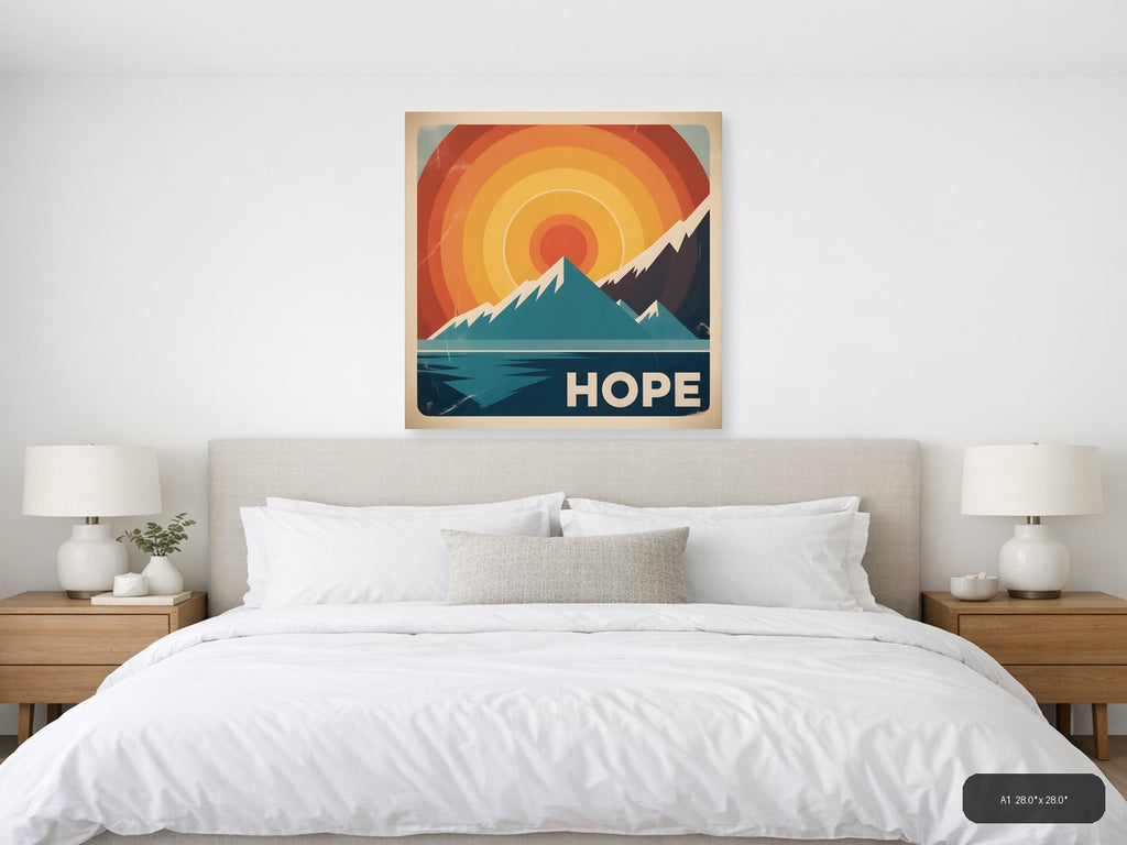 Vintage Retro Mountain Sunrise Hope Wall Art — A1 / Bedroom