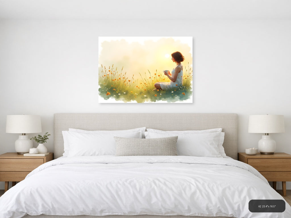 Woman in Wildflower Field at Sunrise Watercolor Wall Art — A2 / Bedroom
