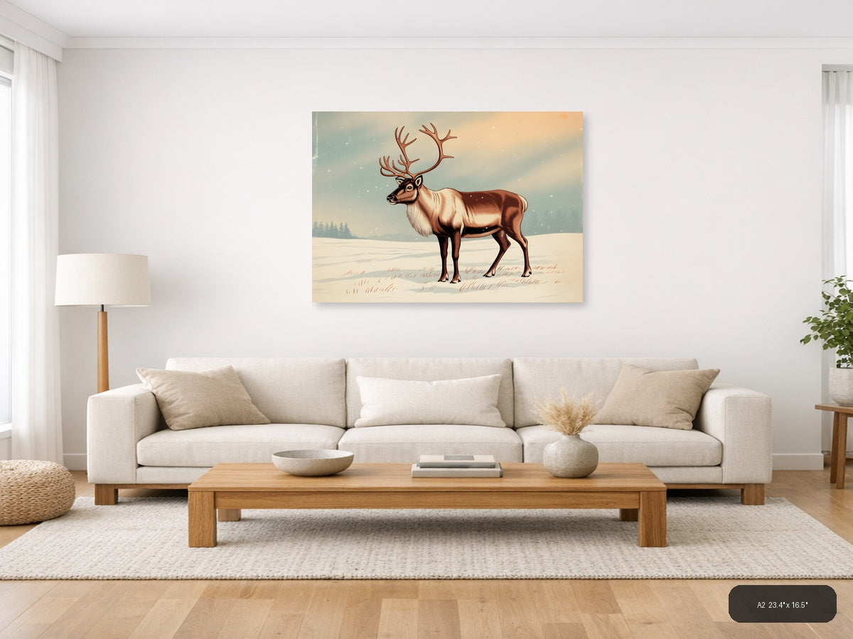 Vintage Reindeer in Snow Landscape Wall Art — A2 / Living Room