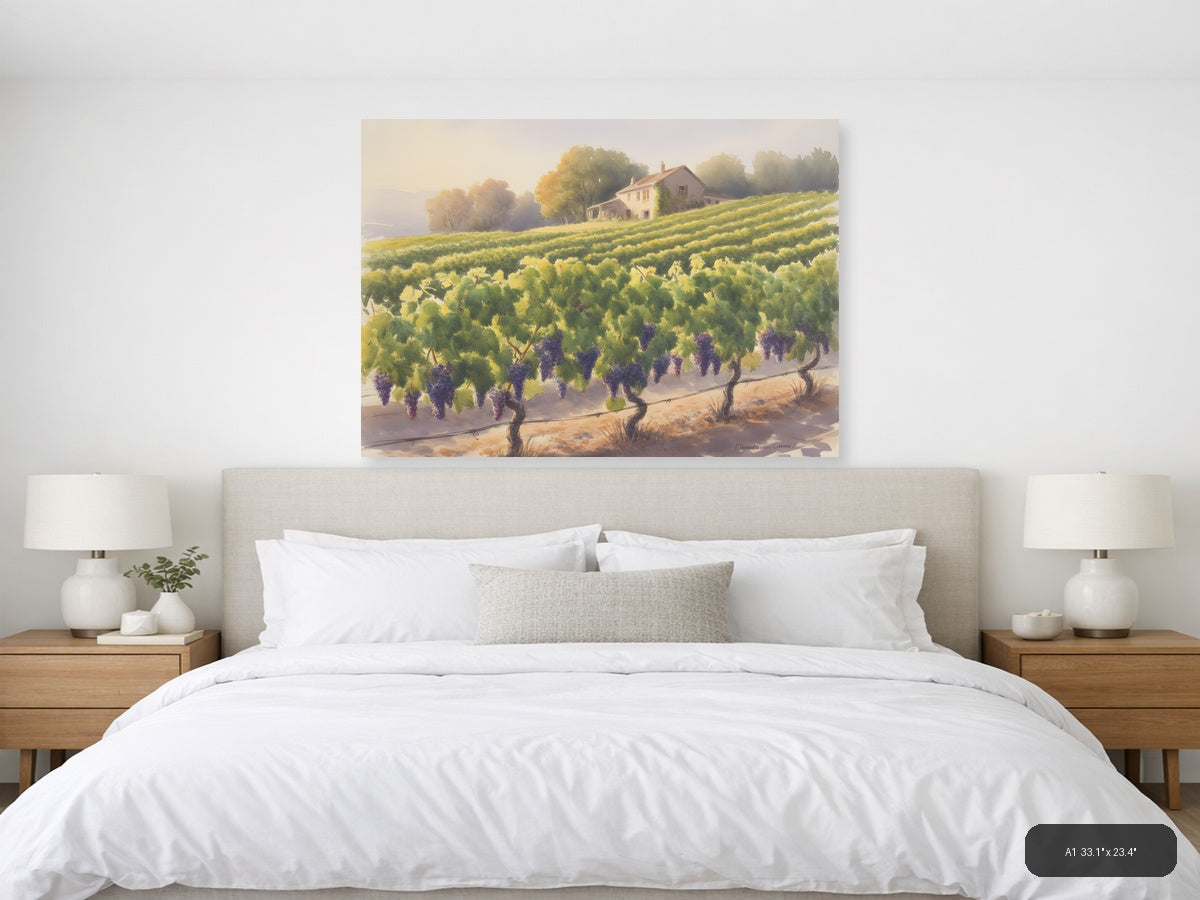 Tuscan Vineyard Watercolor Landscape Wall Art — A1 / Bedroom