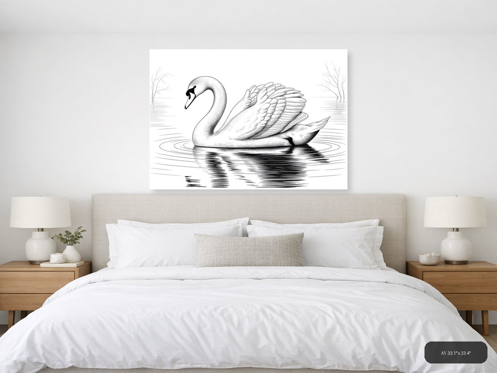 Elegant Swan Line Art Drawing - Black & White Wall Art — A1 / Bedroom