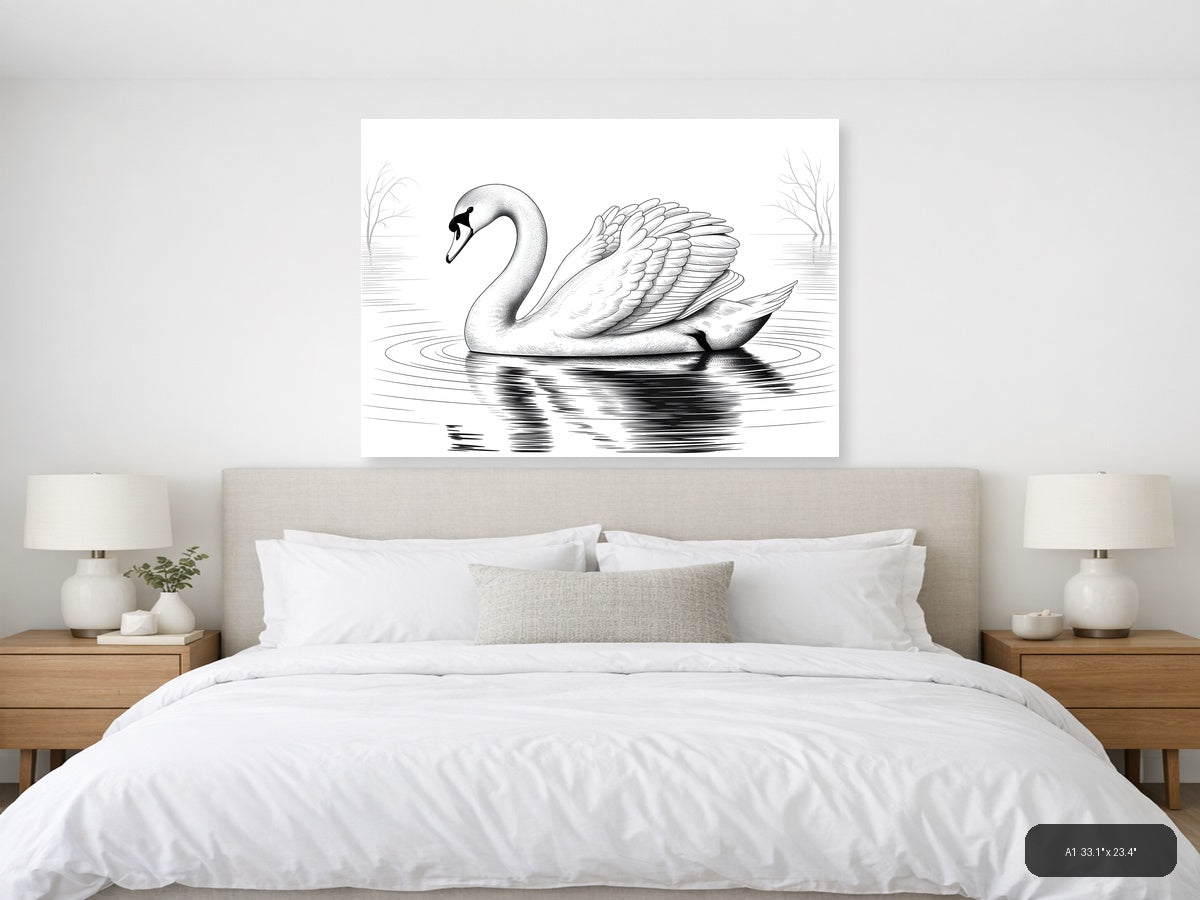 Elegant Swan Line Art Drawing - Black & White Wall Art — A1 / Bedroom