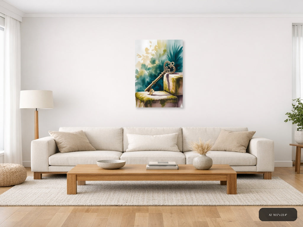 Ornate Golden Key Watercolor Wall Art — A2 / Living Room