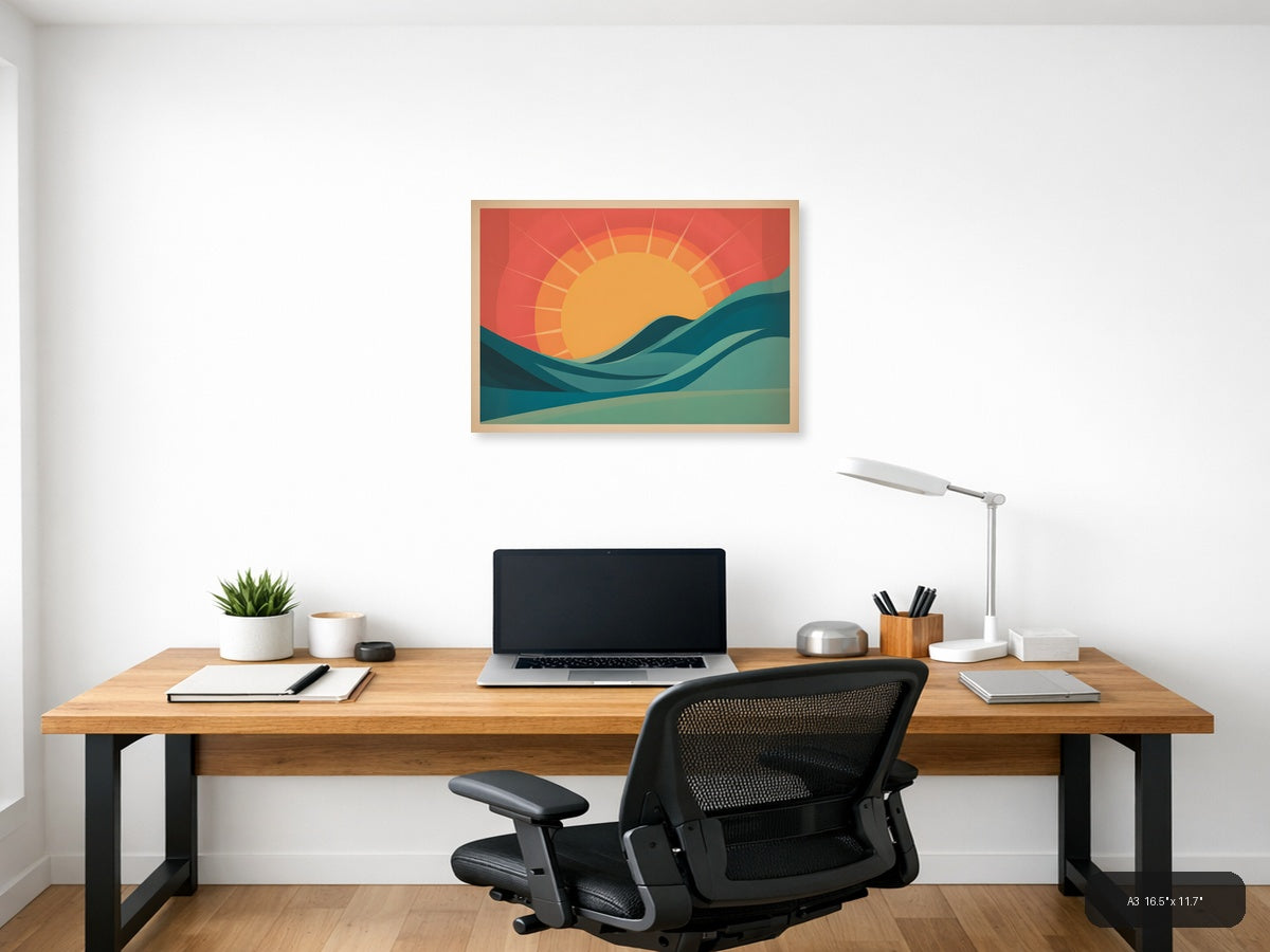 Vintage Sunrise Over Ocean Waves Wall Art — A3 / Office