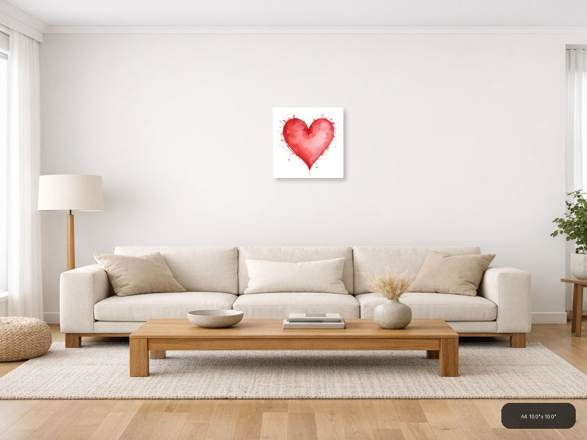 Red Watercolor Heart with Splatter Effect Wall Art — A4 / Living Room