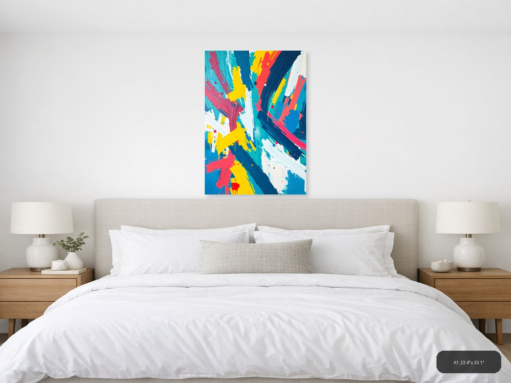 Vibrant Abstract Brush Strokes in Blue, Yellow & Red Wall Art — A1 / Bedroom