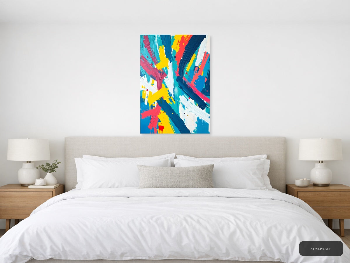Vibrant Abstract Brush Strokes in Blue, Yellow & Red Wall Art — A1 / Bedroom