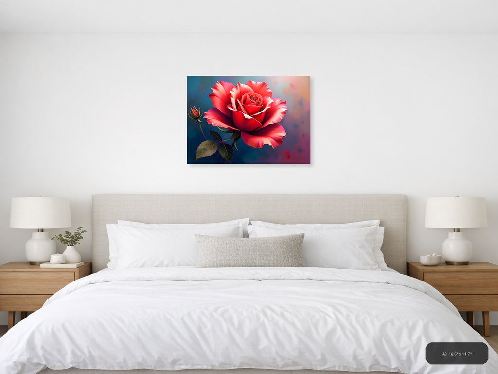 Red Rose with Bud Abstract Digital Wall Art — A3 / Bedroom
