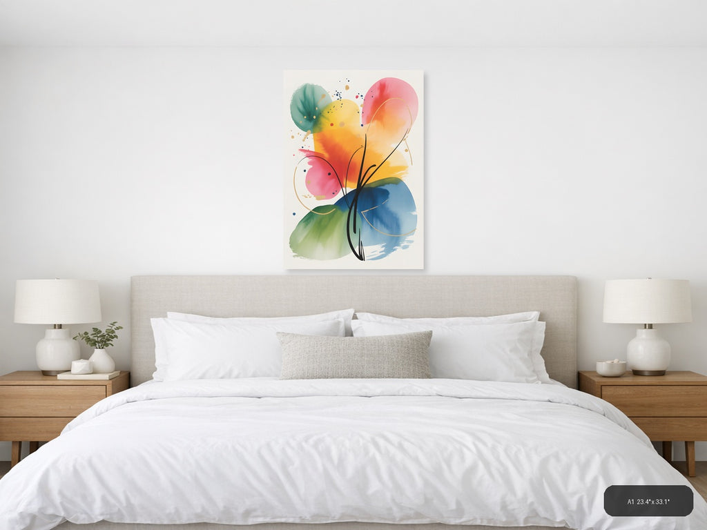 Colorful Watercolor Flower with Abstract Circles Wall Art — A1 / Bedroom