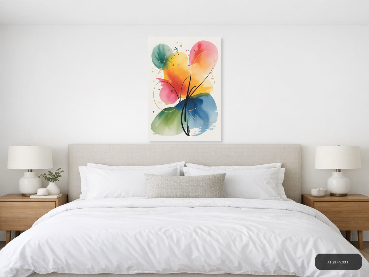 Colorful Watercolor Flower with Abstract Circles Wall Art — A1 / Bedroom