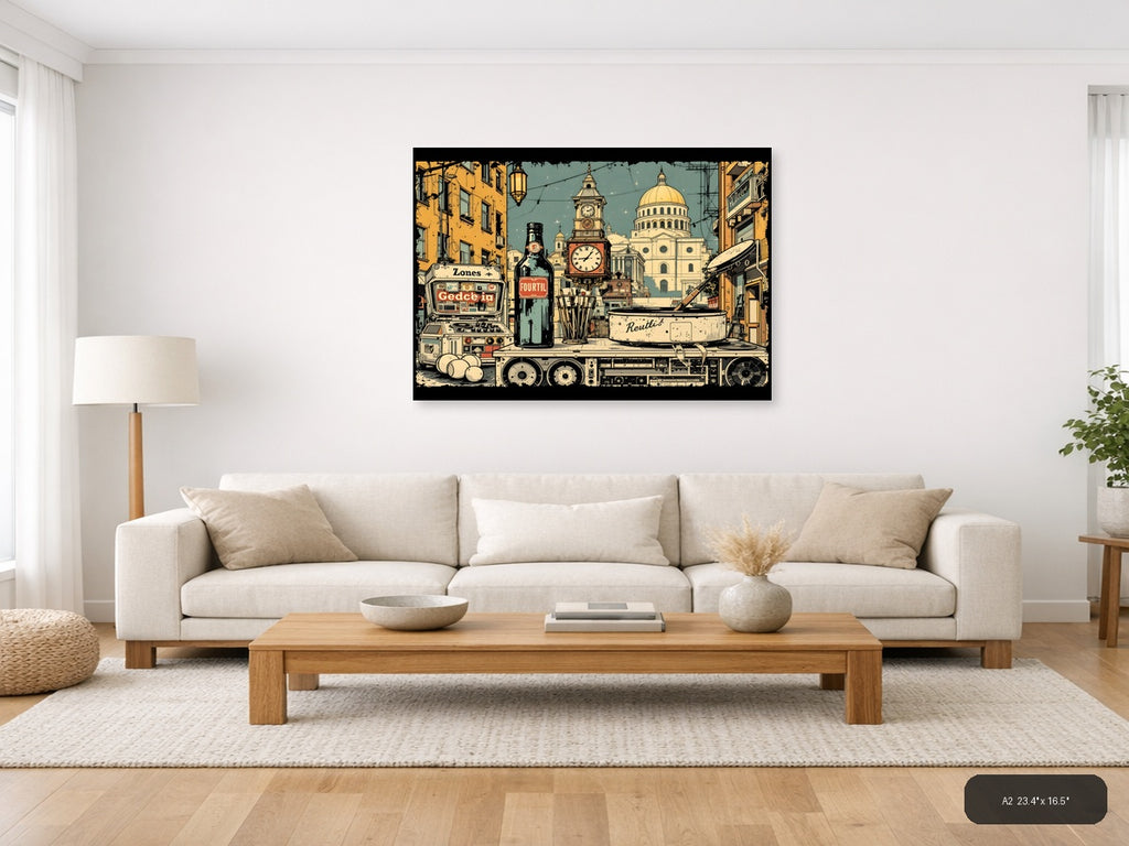 Vintage City Street Scene with Capitol Dome Wall Art — A2 / Living Room