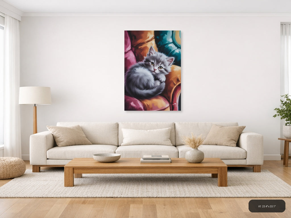Fluffy White Kitten Abstract Colorful Wall Art — A1 / Living Room