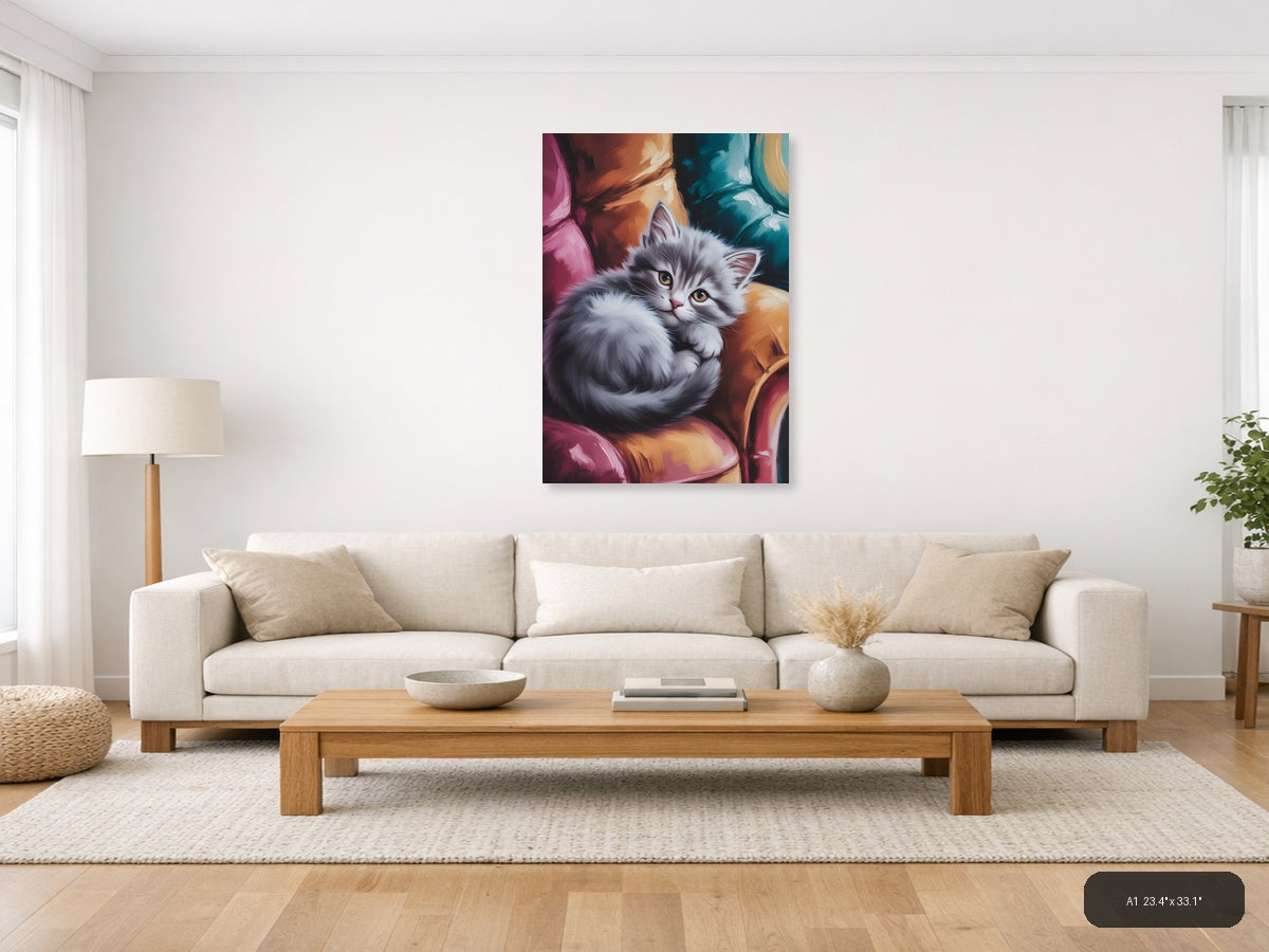 Fluffy White Kitten Abstract Colorful Wall Art — A1 / Living Room