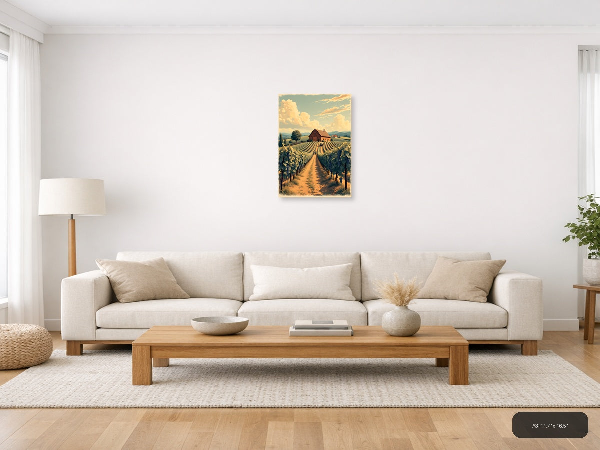 Vintage Vineyard Farm Landscape with Barn Wall Art — A3 / Living Room