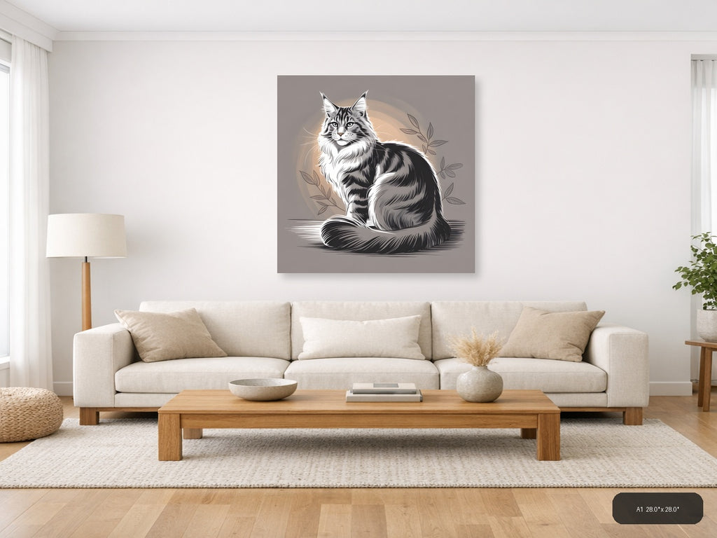 Maine Coon Cat Line Art Portrait Wall Art — A1 / Living Room