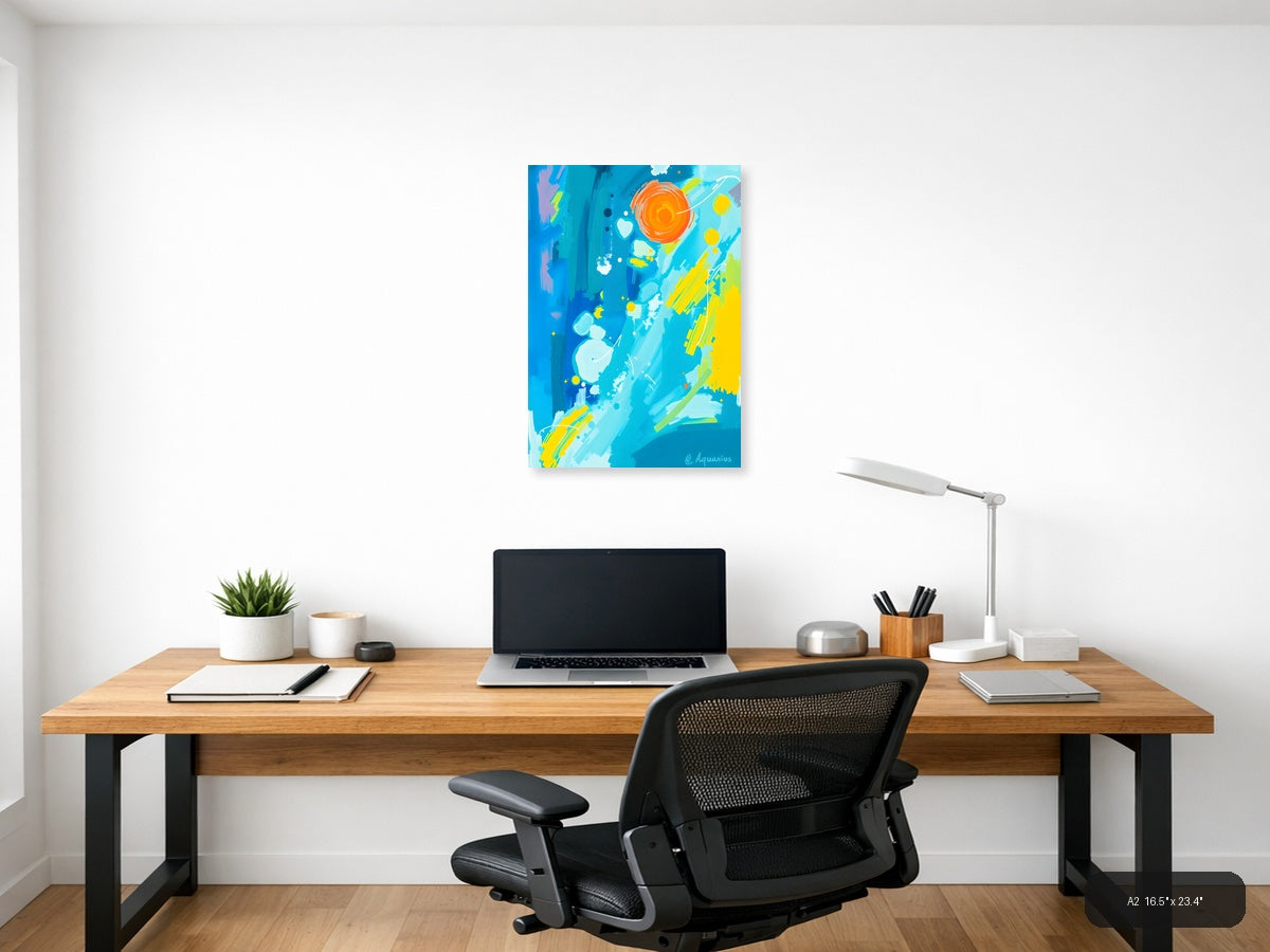 Abstract Blue Sky with Orange Sun & Planets Wall Art — A2 / Office