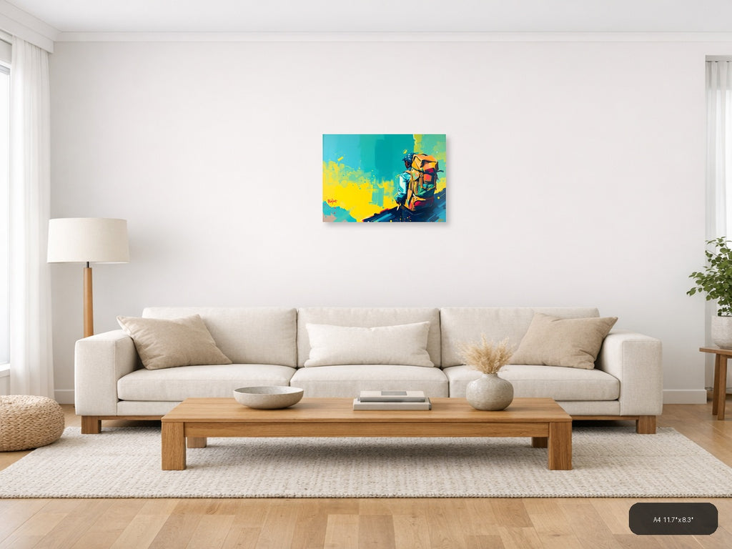 Colorful Adventurer with Backpack Abstract Wall Art — A4 / Living Room