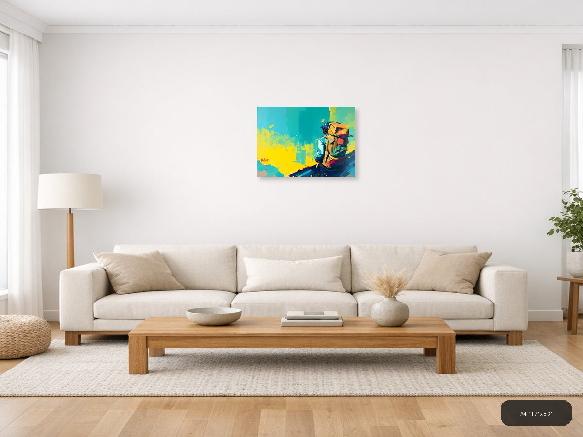 Colorful Adventurer with Backpack Abstract Wall Art — A4 / Living Room