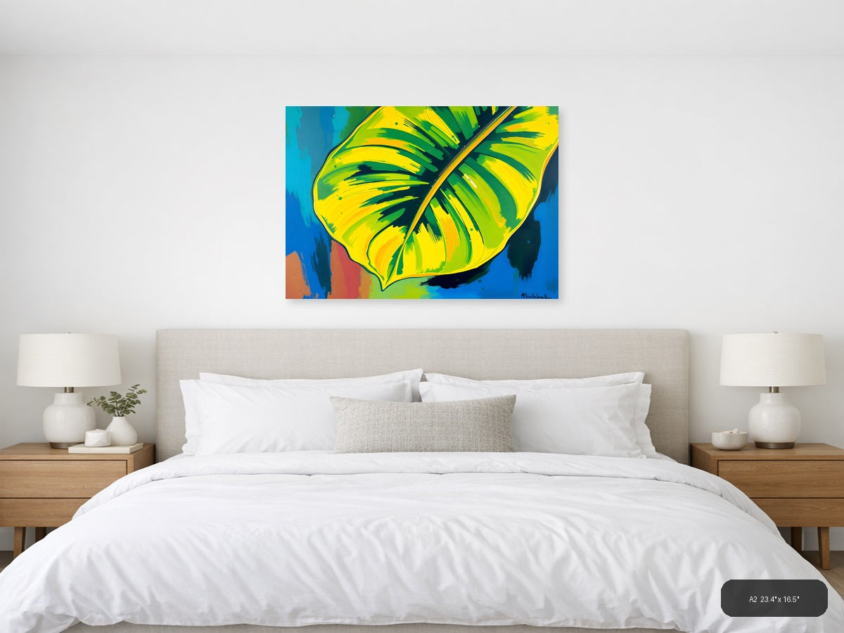 Abstract Tropical Banana Leaves Yellow Green Wall Art — A2 / Bedroom