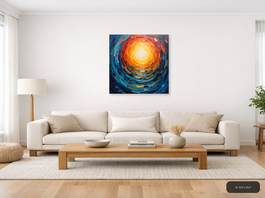 Abstract Concentric Sun Burst Orange Blue Wall Art — A2 / Living Room