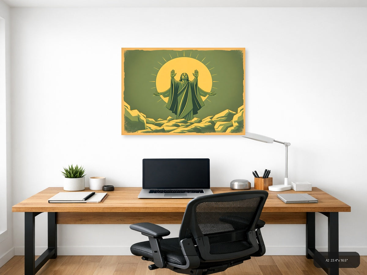 Vintage Spiritual Figure with Radiating Sun Halo Wall Art — A2 / Office