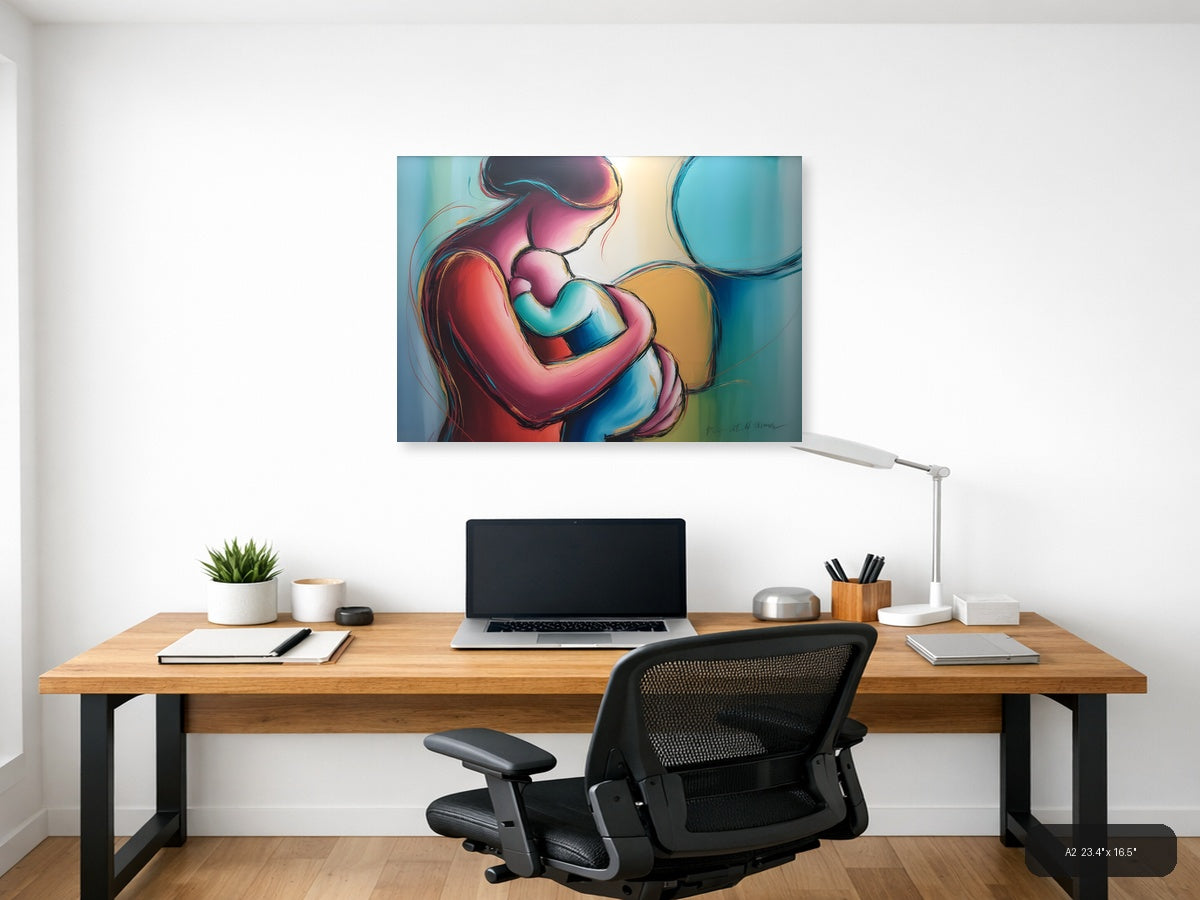 Colorful Abstract Mother and Child Embrace Wall Art — A2 / Office