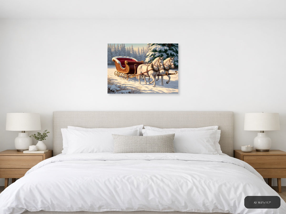 Vintage Christmas Sleigh with White Horses Wall Art — A3 / Bedroom