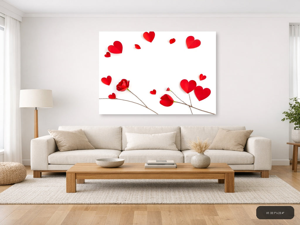 Red Hearts and Roses Minimalist Landscape Wall Art — A1 / Living Room