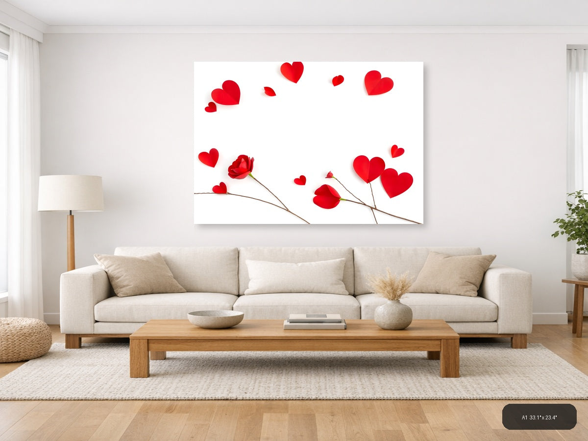 Red Hearts and Roses Minimalist Landscape Wall Art — A1 / Living Room