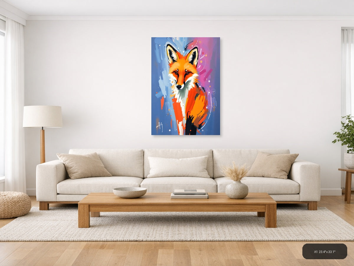 Abstract Fox Portrait: Vibrant Orange & Blue Wall Art — A1 / Living Room