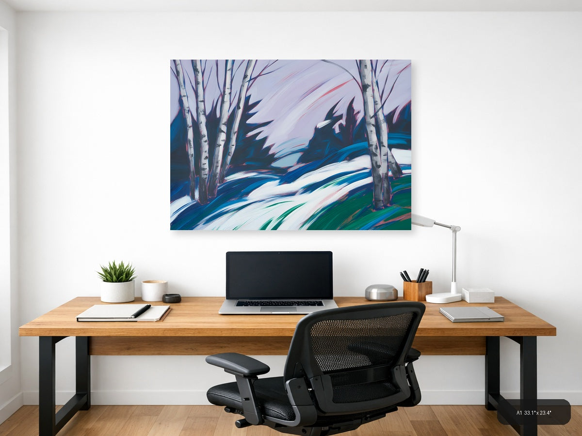 Abstract Winter Birch Trees Snow Landscape Wall Art — A1 / Office