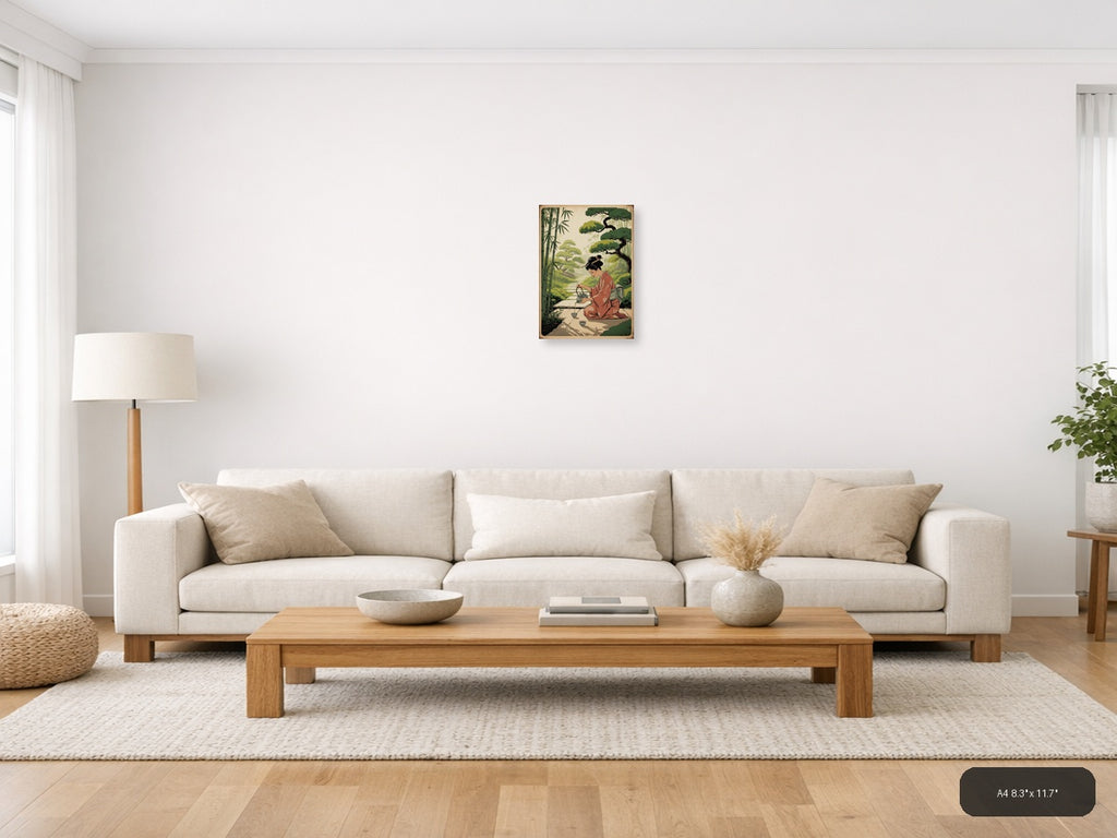 Vintage Asian Woman Pouring Tea in Garden Wall Art — A4 / Living Room