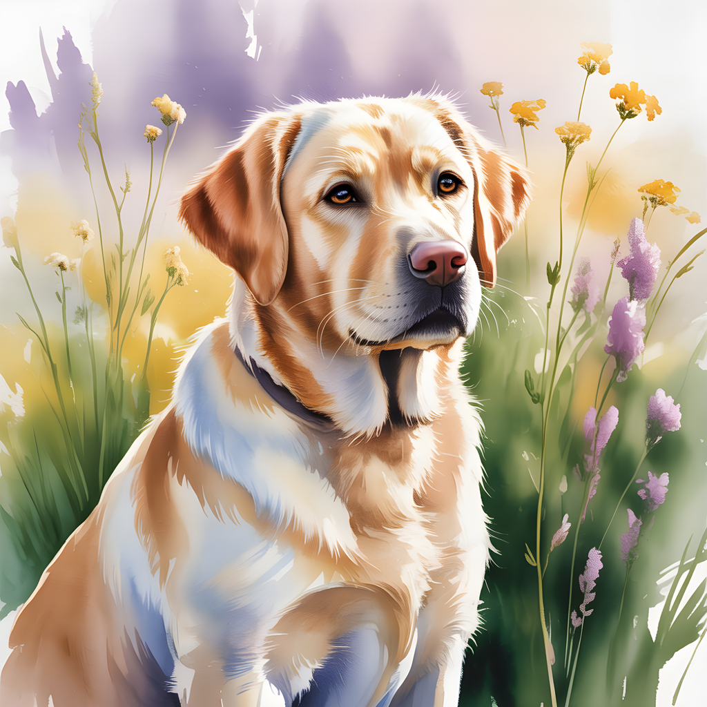 Brown and White Dog with Wildflowers Watercolor Wall Art
