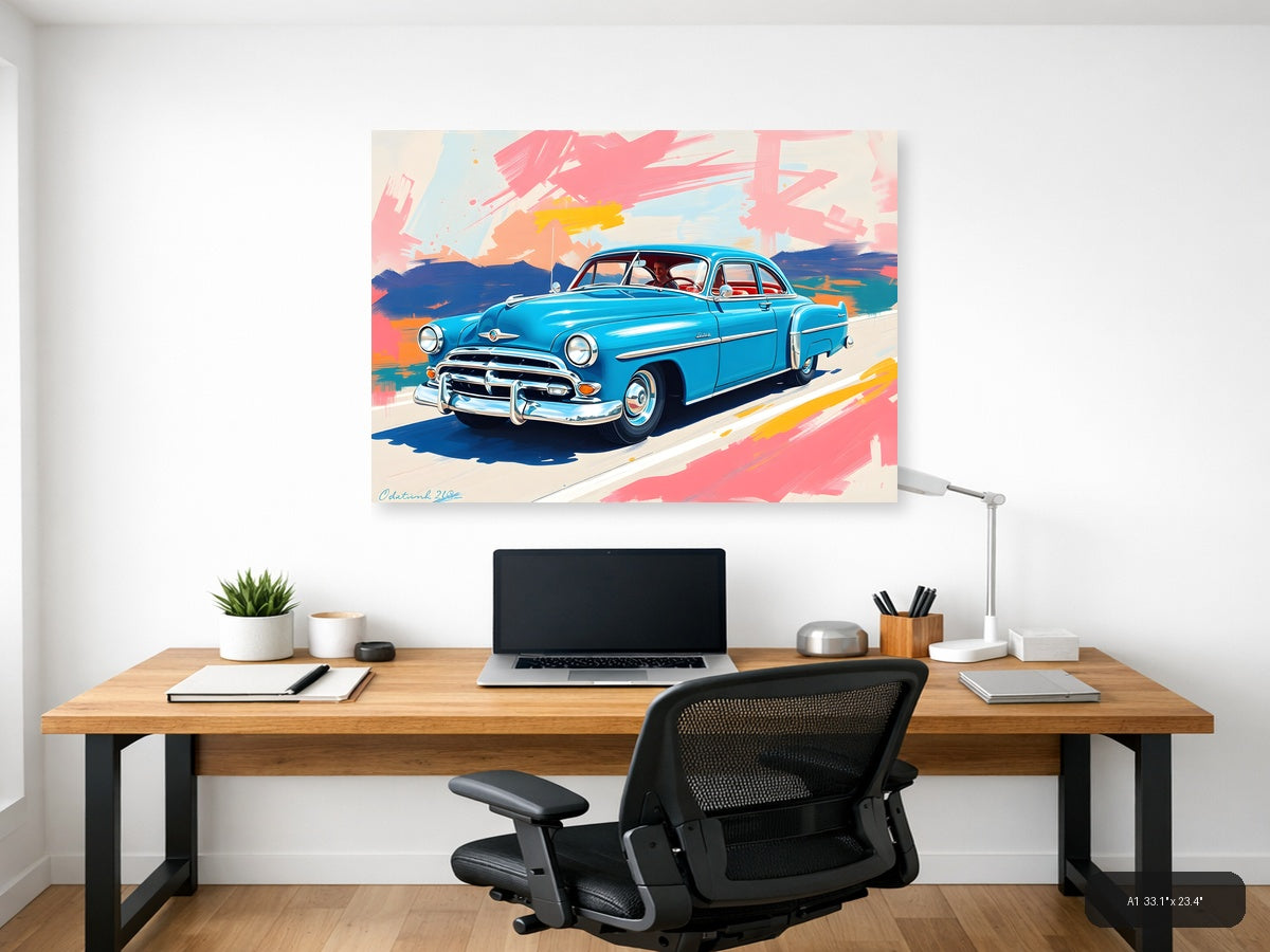 Blue Vintage Car Abstract Brushstrokes Wall Art — A1 / Office