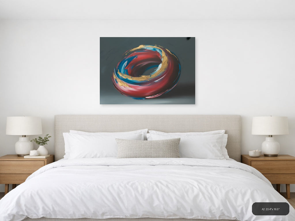 Red Blue Gold Abstract Swirl Circle Modern Wall Art — A2 / Bedroom
