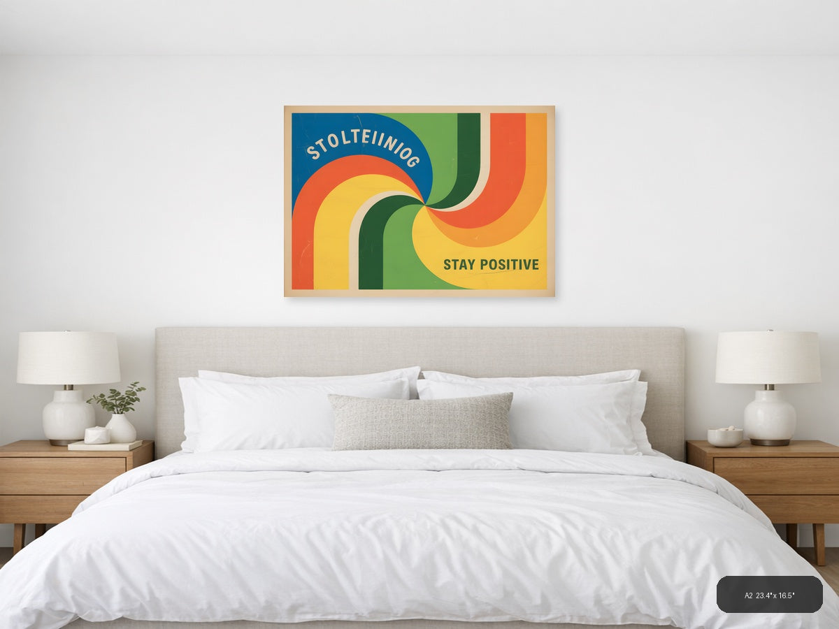 Vintage Retro Rainbow Curves 'Stay Positive' Wall Art — A2 / Bedroom