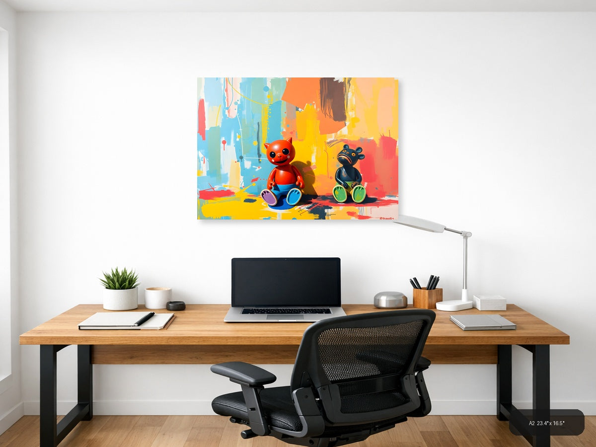 Colorful Cat & Bear Abstract Canvas Wall Art — A2 / Office