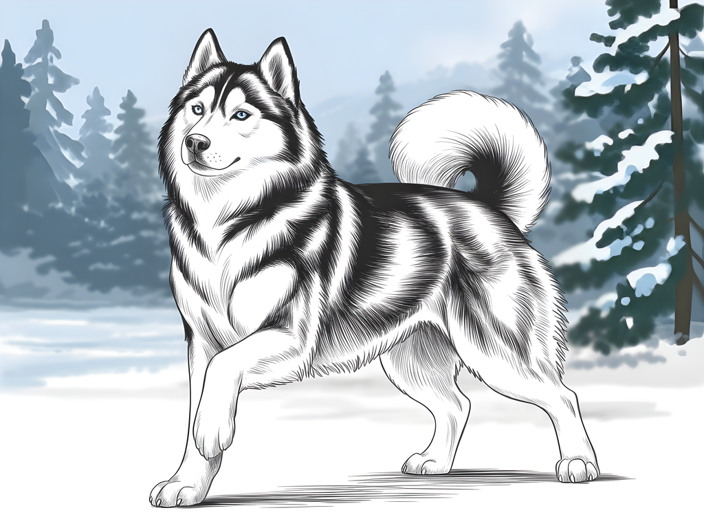 Husky Dog Line Art Winter Forest Landscape Wall Art
