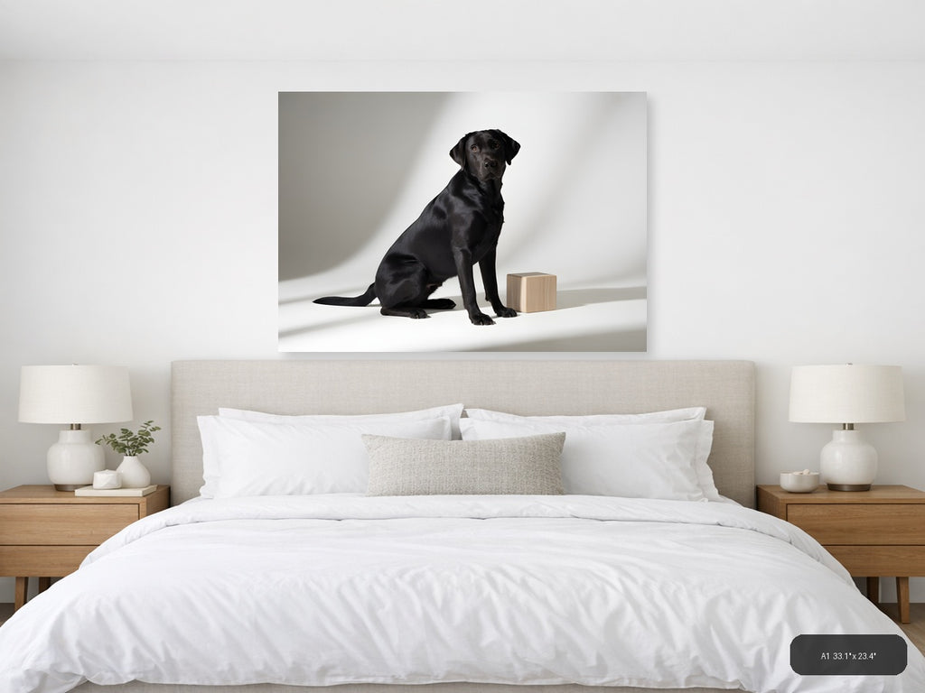 Black Labrador with Wooden Block Minimalist Wall Art — A1 / Bedroom