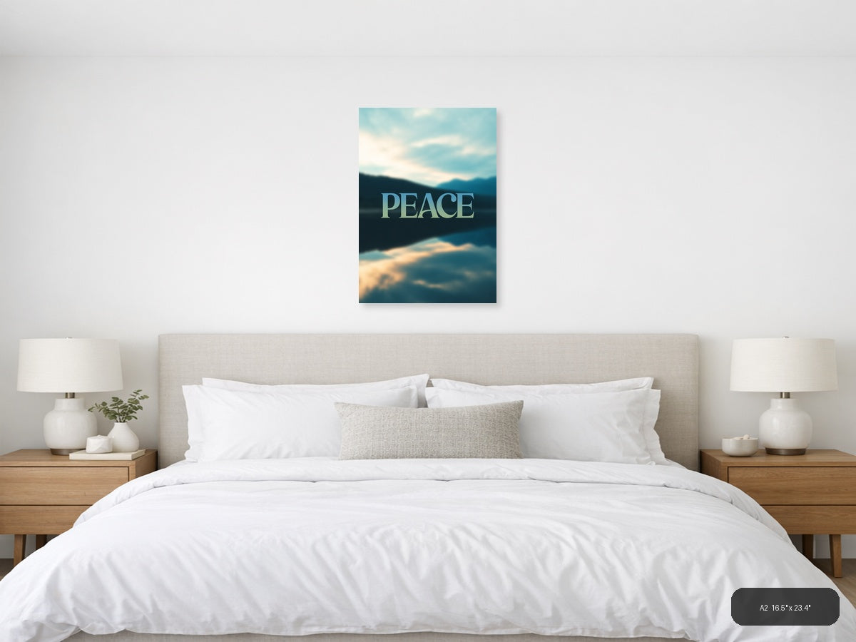 Peace Typography Mountain Lake Landscape Wall Art — A2 / Bedroom